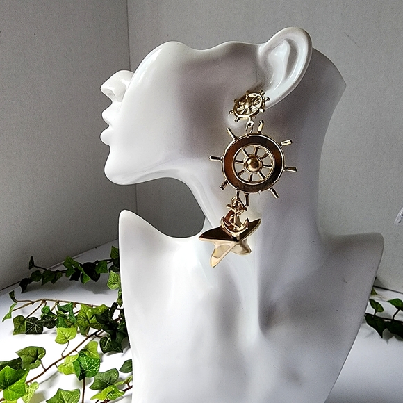 Statement Gold Nautical Drop Earrings - Picture 4 of 5